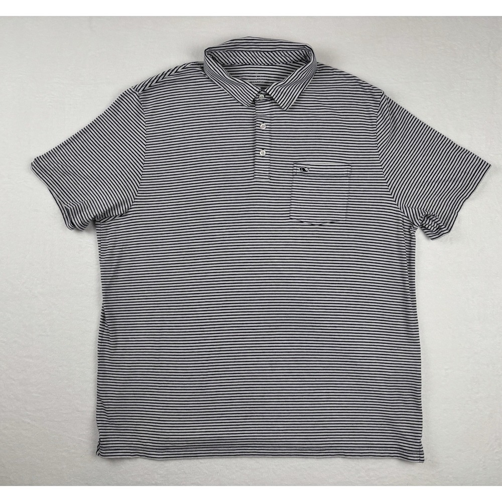 Vineyard Vines Edgartown Polo Black‎ White Stripe Short Sleeve Shirt Size XL